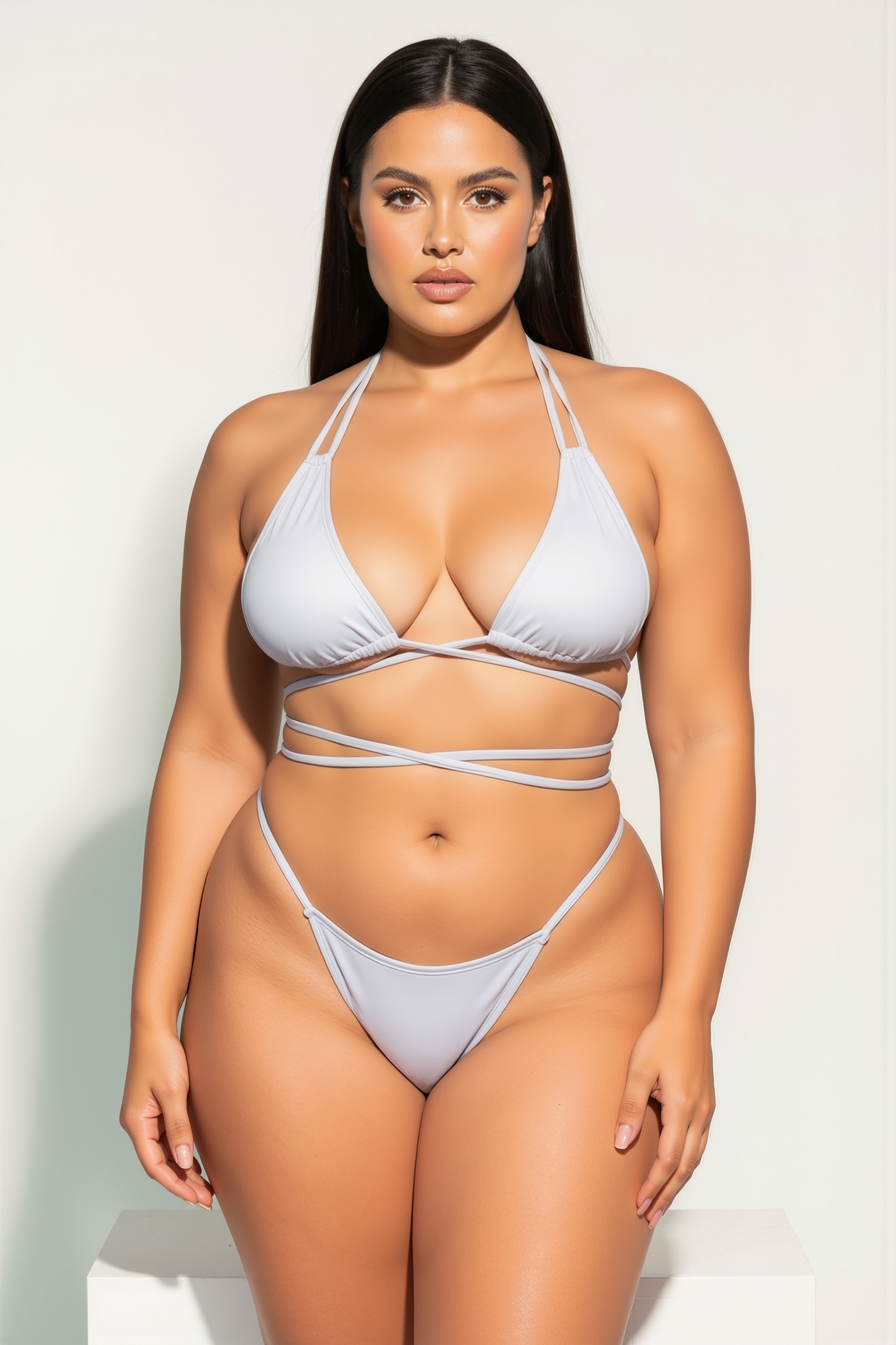 Woman wearing a light gray bikini against a white background