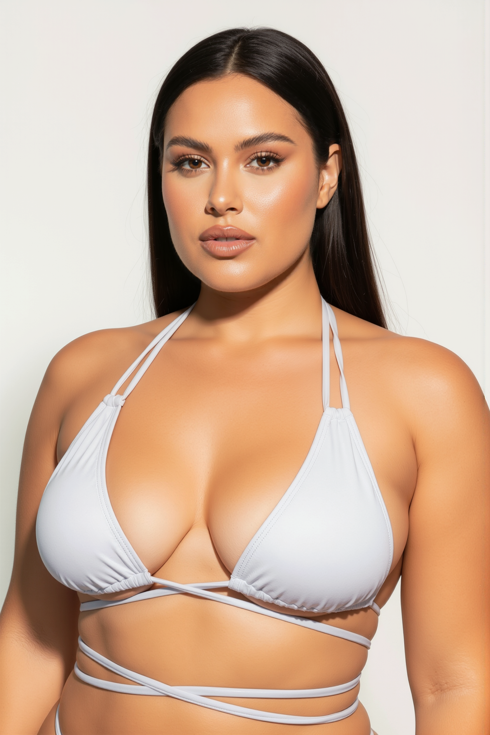 Woman wearing a silver bikini against a plain background