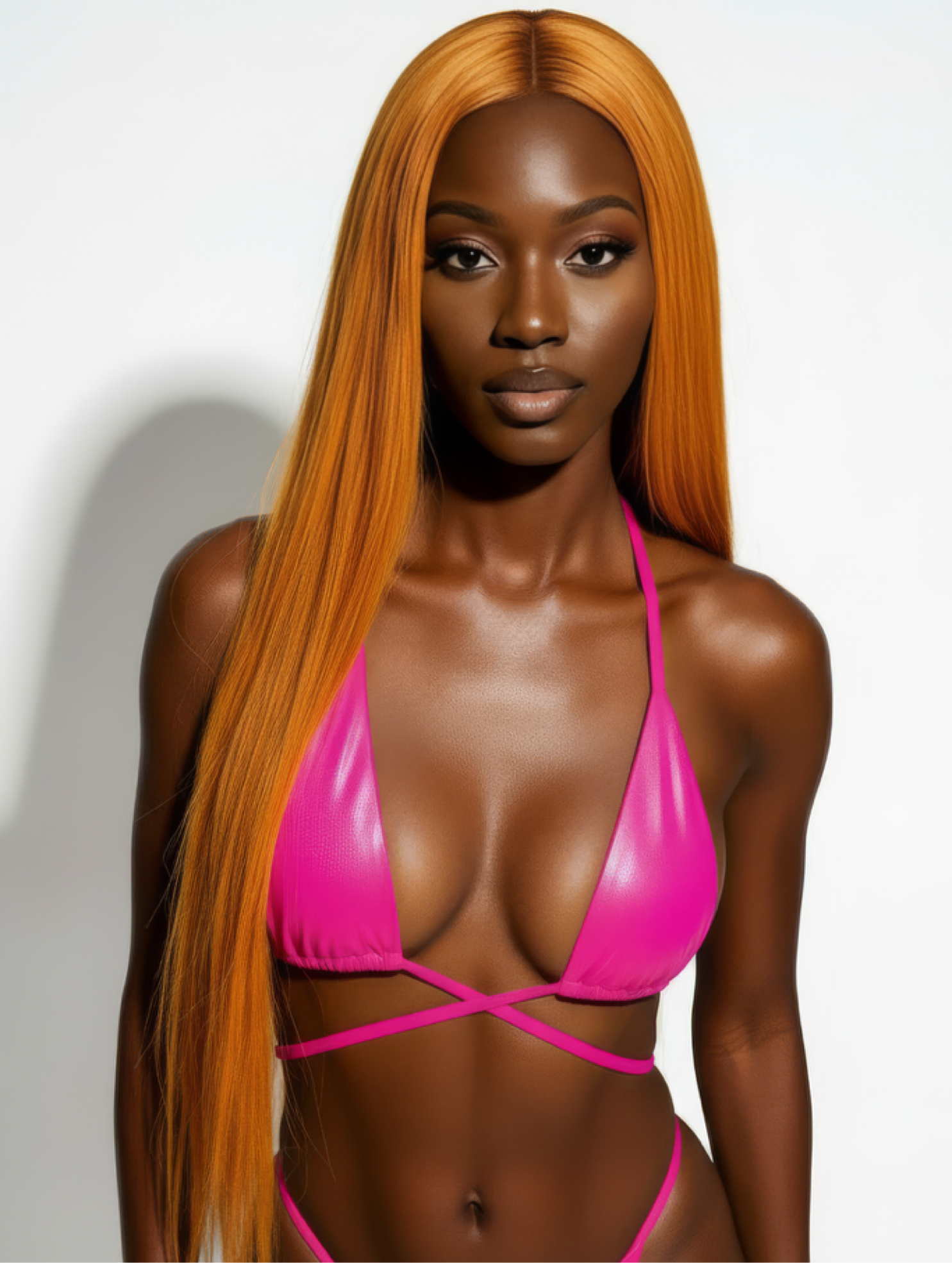 Woman wearing a pink bikini against a plain background