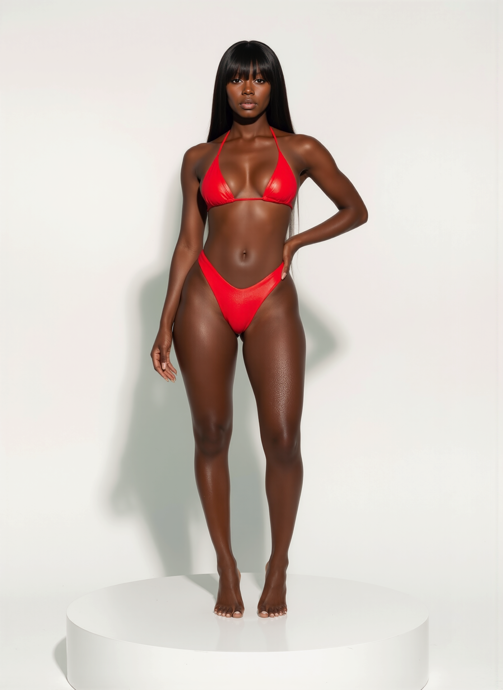 Model wearing a red bikini against a white background